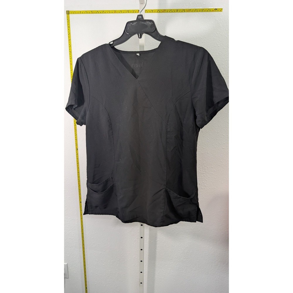 Revel Womens Black V-Neck Scrub Top Short Sleeve Medical Uniform Pockets Size‎ L